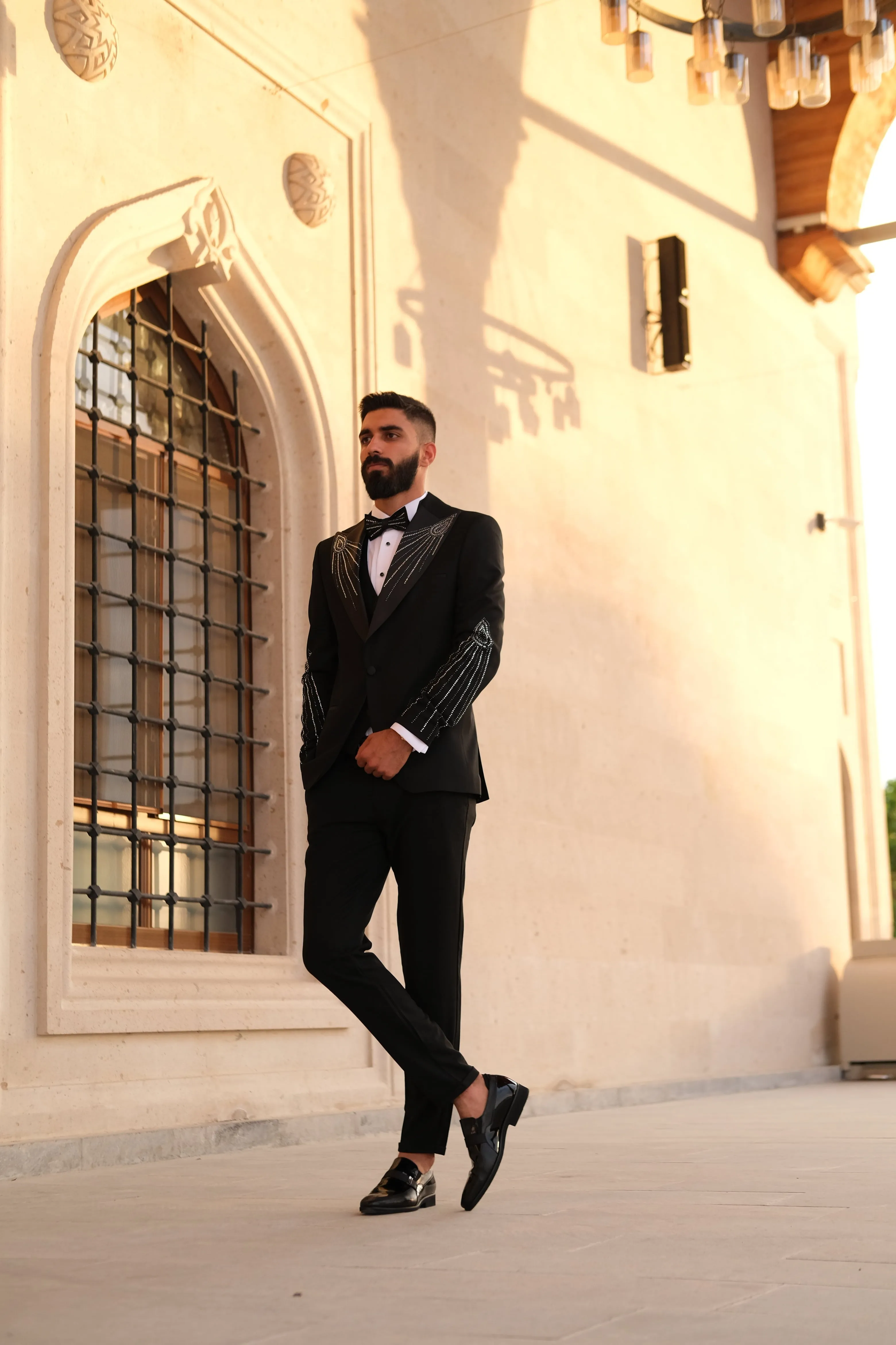 Premium Slim Fit Black Tuxedo with stone glitter design _ Peak Lapel