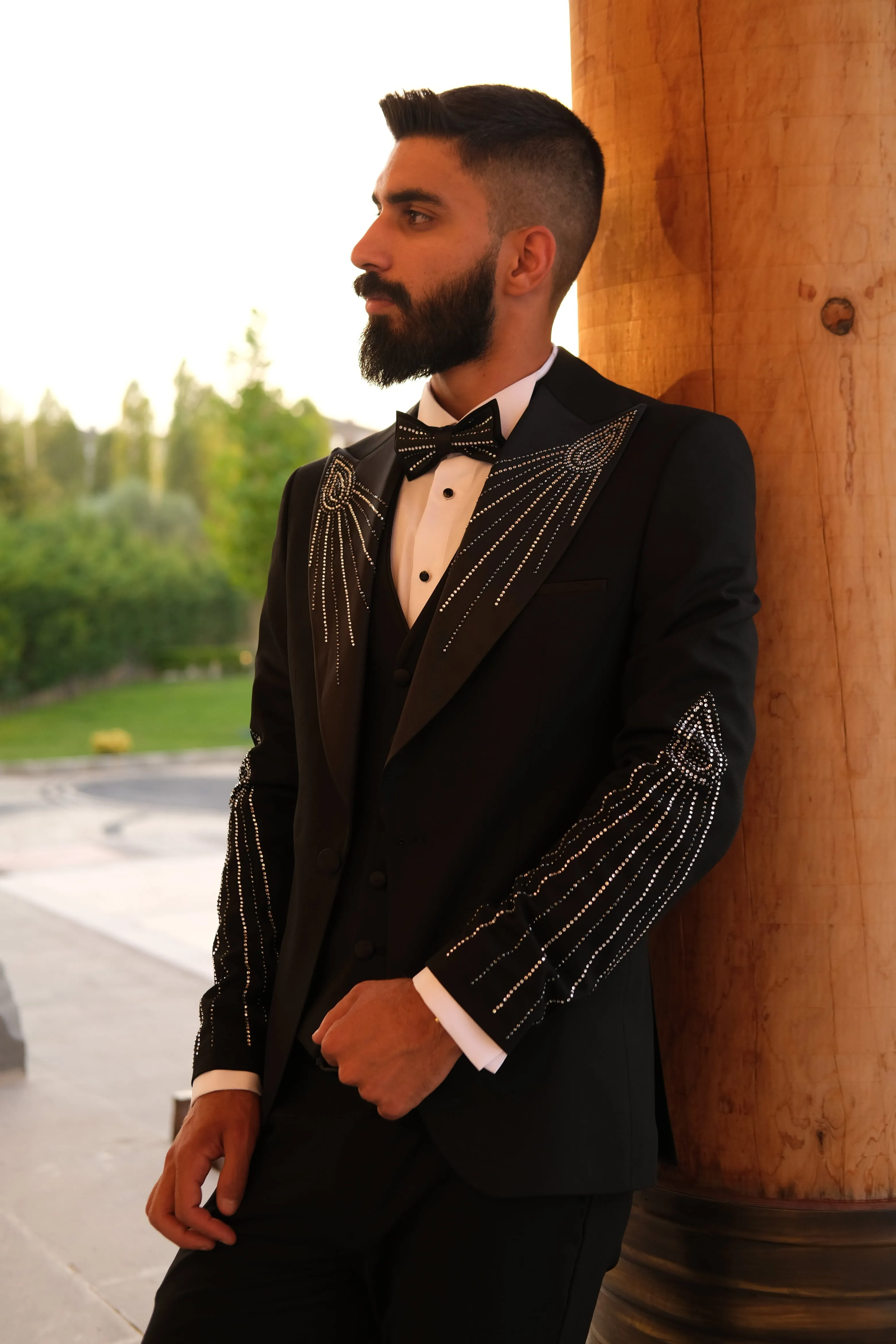 Premium Slim Fit Black Tuxedo with stone glitter design _ Peak Lapel