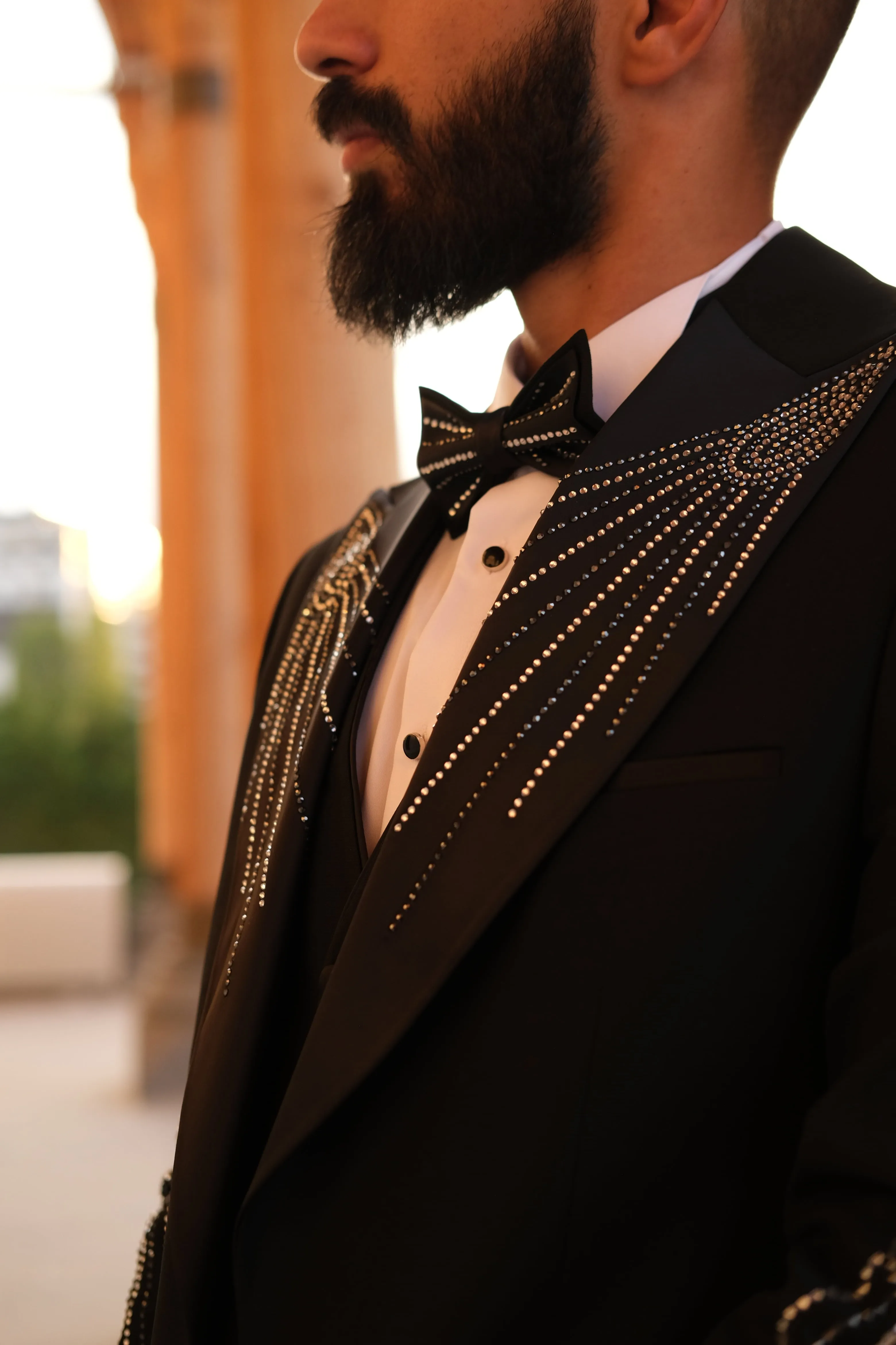 Premium Slim Fit Black Tuxedo with stone glitter design _ Peak Lapel