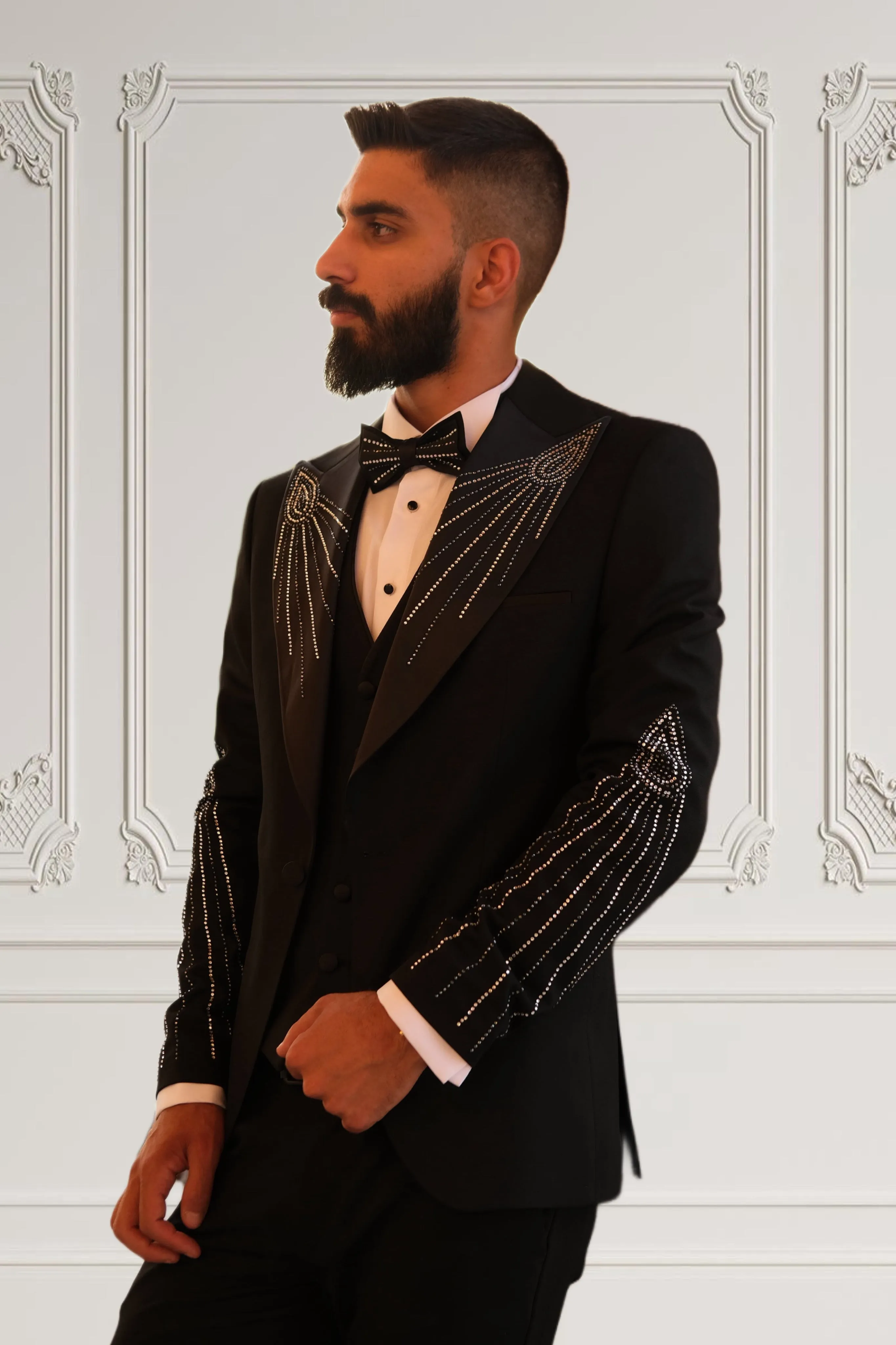 Premium Slim Fit Black Tuxedo with stone glitter design _ Peak Lapel