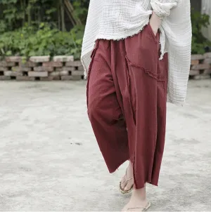 Red Autum Spring Linen Wide Leg Women Casual Pants Elastic Waist WG05131