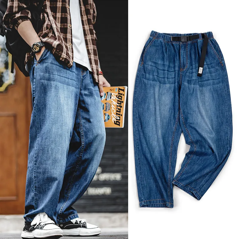 Retro Casual Denim Elastic Waist Easy Pants