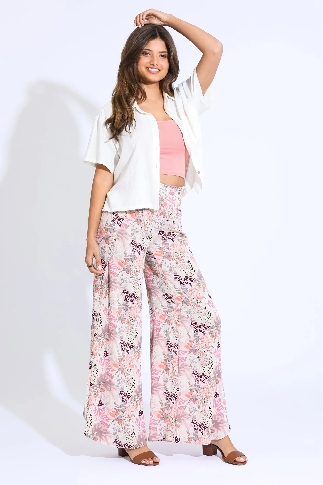 SMOCKED FRONT WRAP WIDE LEG PANT- SUNKISS MAUVE