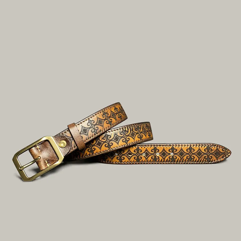 Stamped Carving Strap Brass Buckle Leather Belt