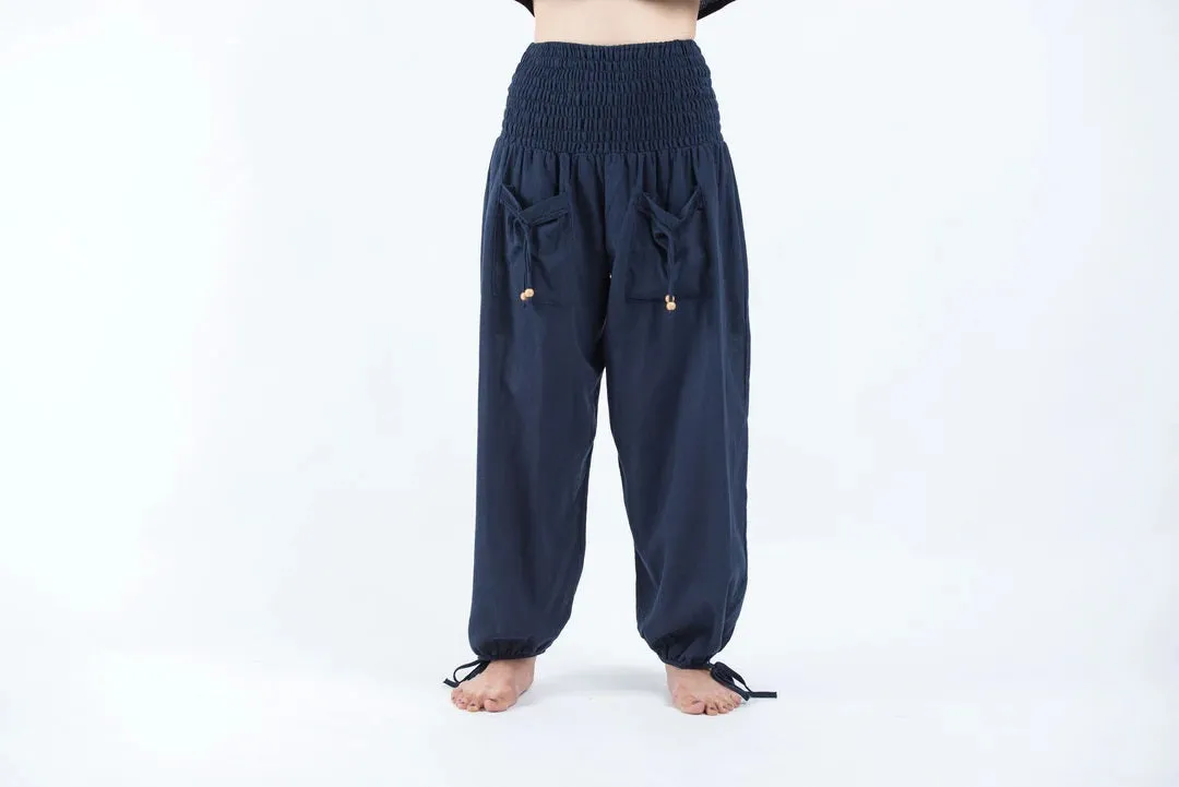 Thai Smocked Waist Cotton Pants in Navy, Thailand