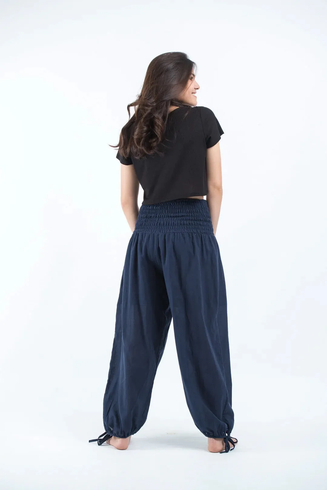 Thai Smocked Waist Cotton Pants in Navy, Thailand