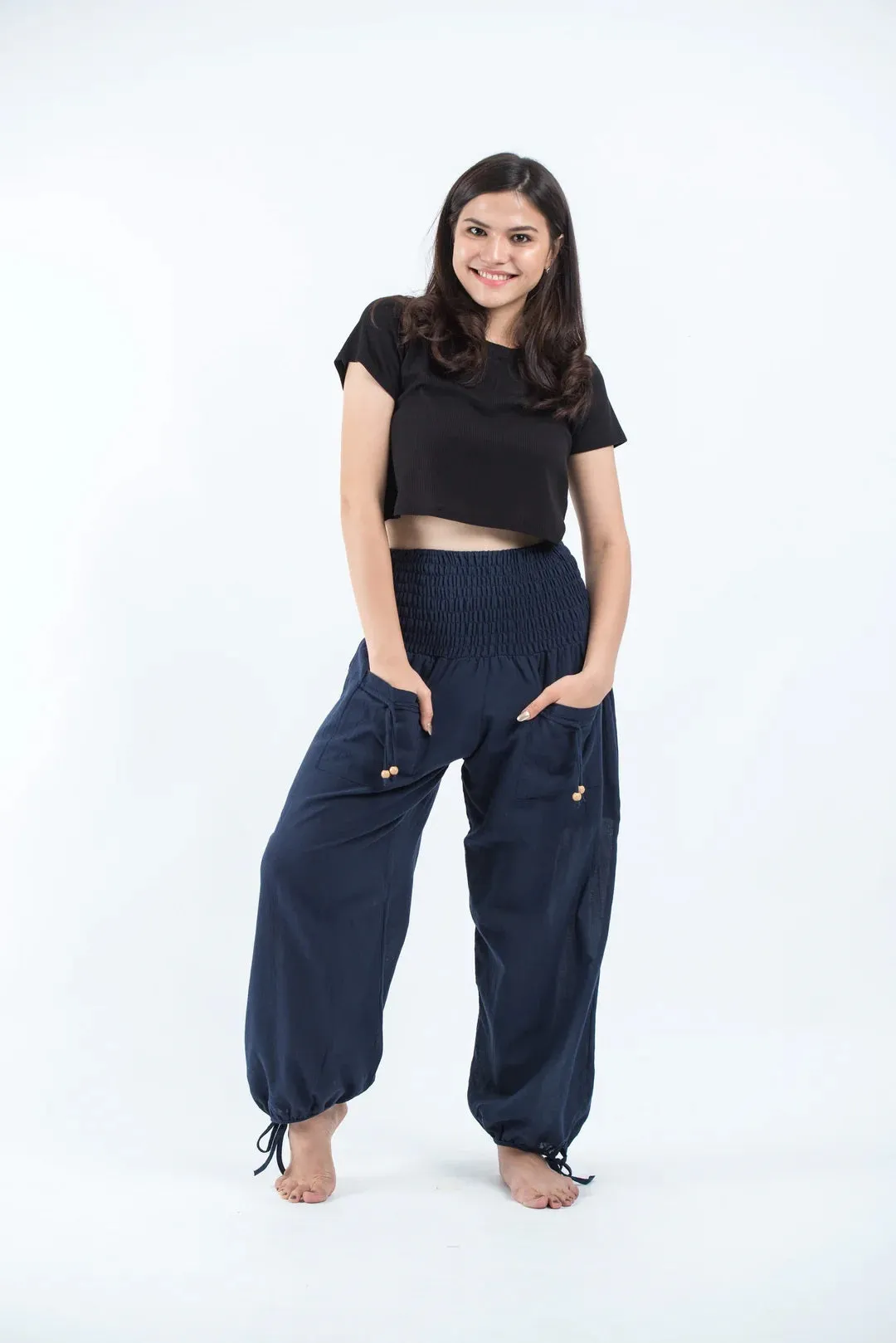 Thai Smocked Waist Cotton Pants in Navy, Thailand