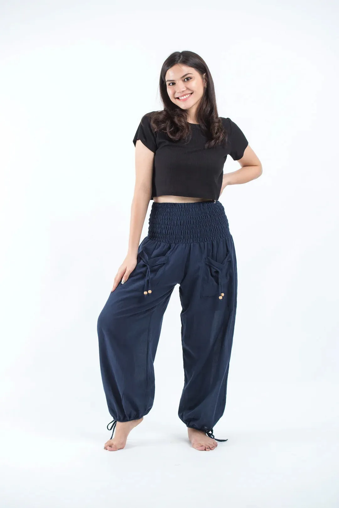 Thai Smocked Waist Cotton Pants in Navy, Thailand