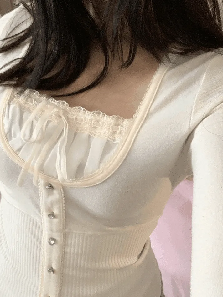 Uniwim ootd Fleece Bow-Neck Ribbed Lace Blouse