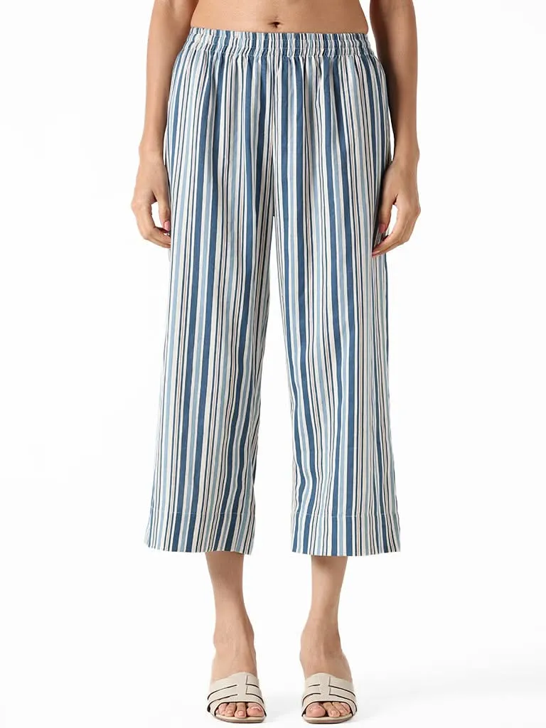 Utsa Indigo and White Striped Straight Pants