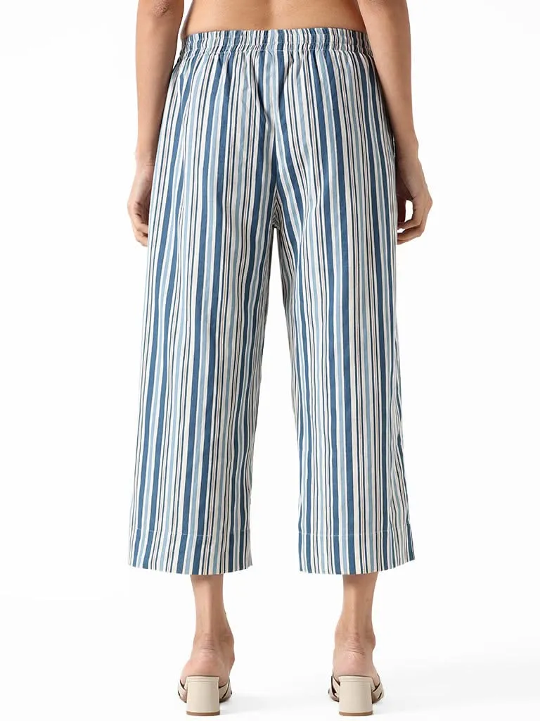 Utsa Indigo and White Striped Straight Pants