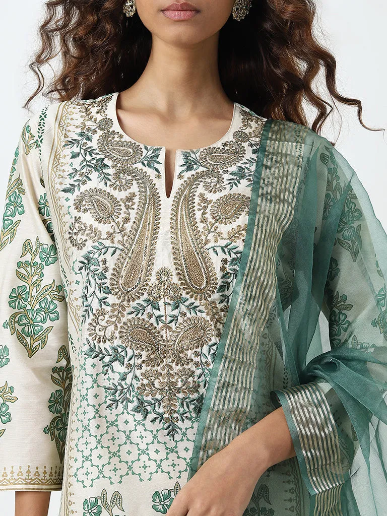 Vark Green Embroidered Straight Kurta, Pants and Dupatta Set