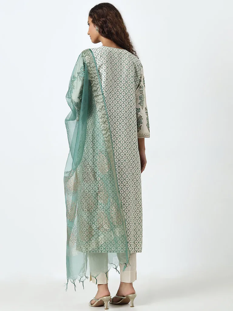 Vark Green Embroidered Straight Kurta, Pants and Dupatta Set