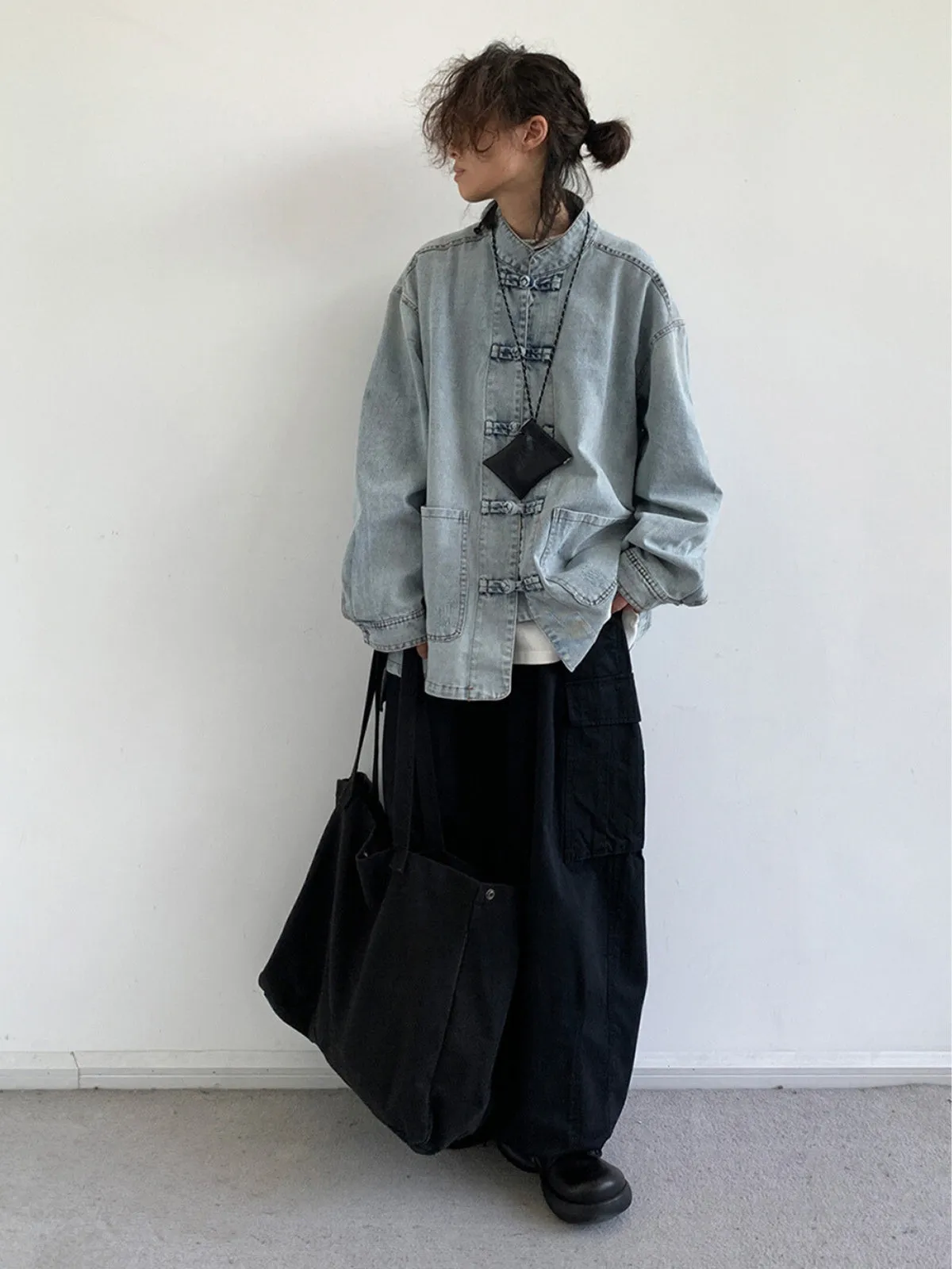 WLS Retro Chinese Button Denim Jacket