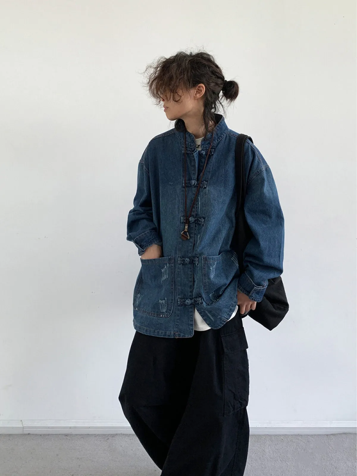 WLS Retro Chinese Button Denim Jacket