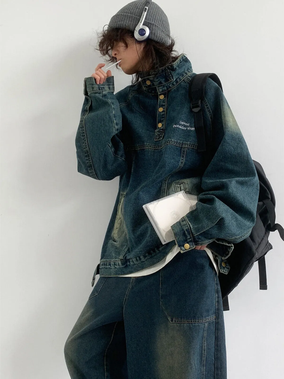 WLS Retro Half Turtle Collar Denim Jacket