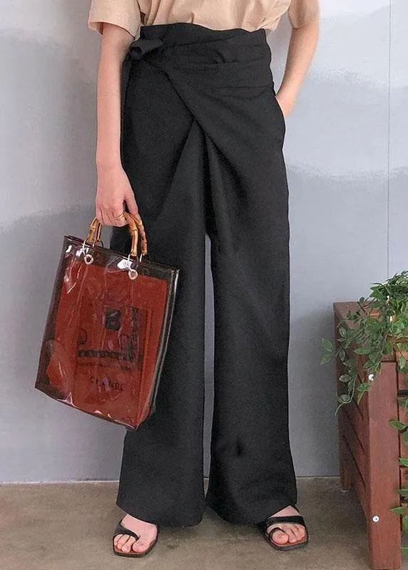 Women Solid Color Asymmetrical Bandage Design Breathable Wide Leg Pants