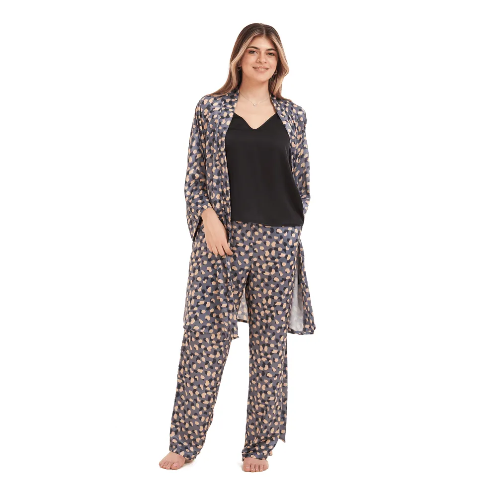 Women Summer satin 3 piece pajama set  Black Top   Black x beige dots kimono & Pants