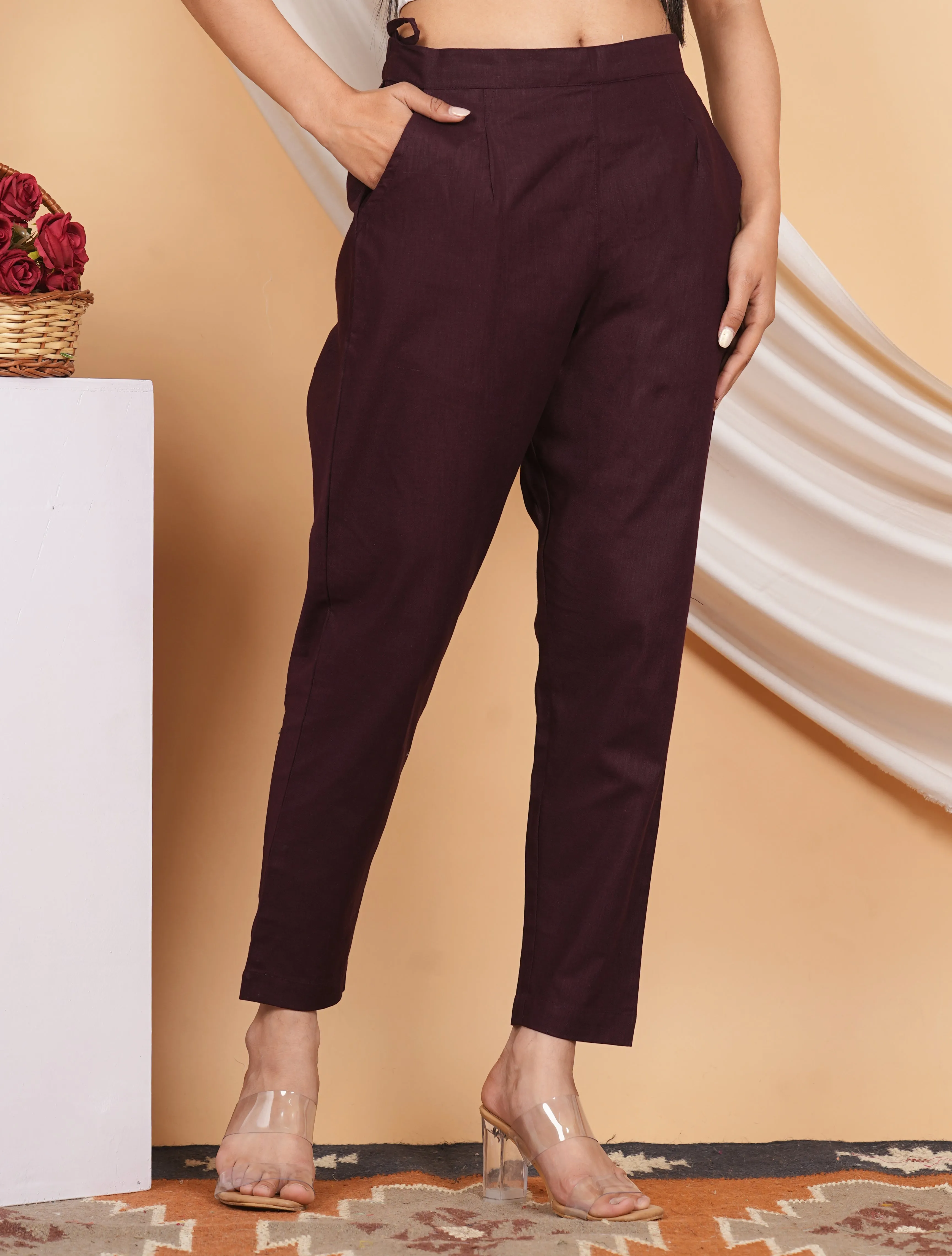 Women’s Linen Cotton Palazzo Pants – Effortless Style & Breathable Comfort | Wine Red