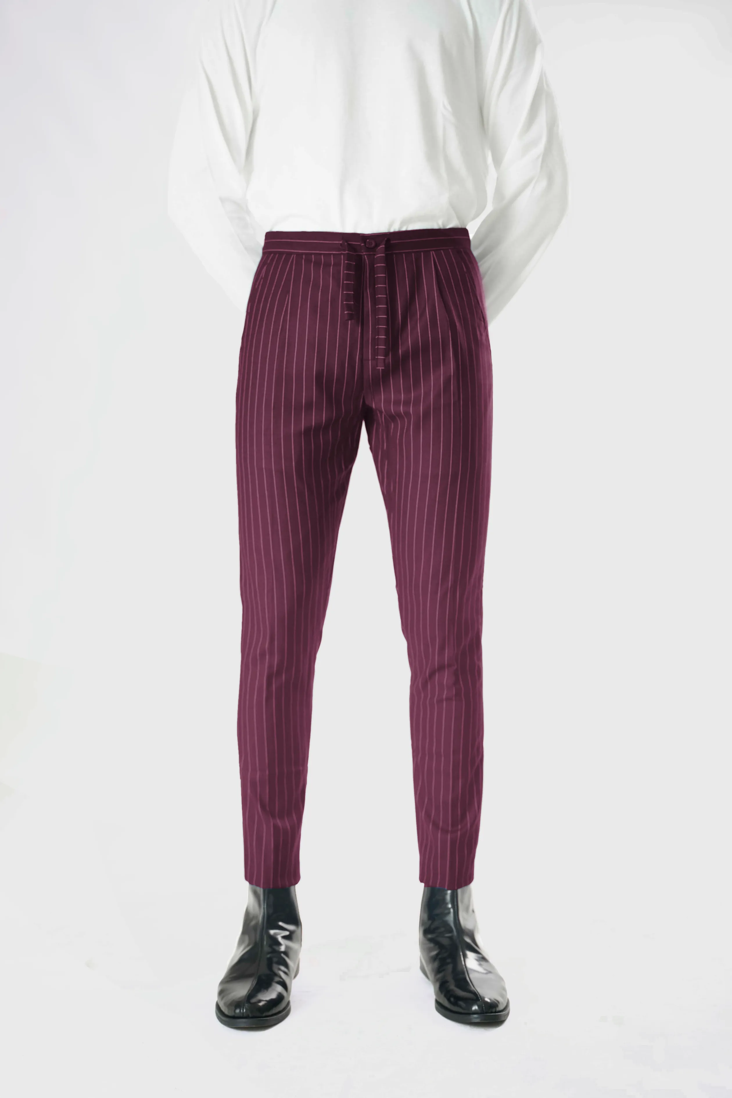 Wool Drawstring Pants in Purple Pinstripe